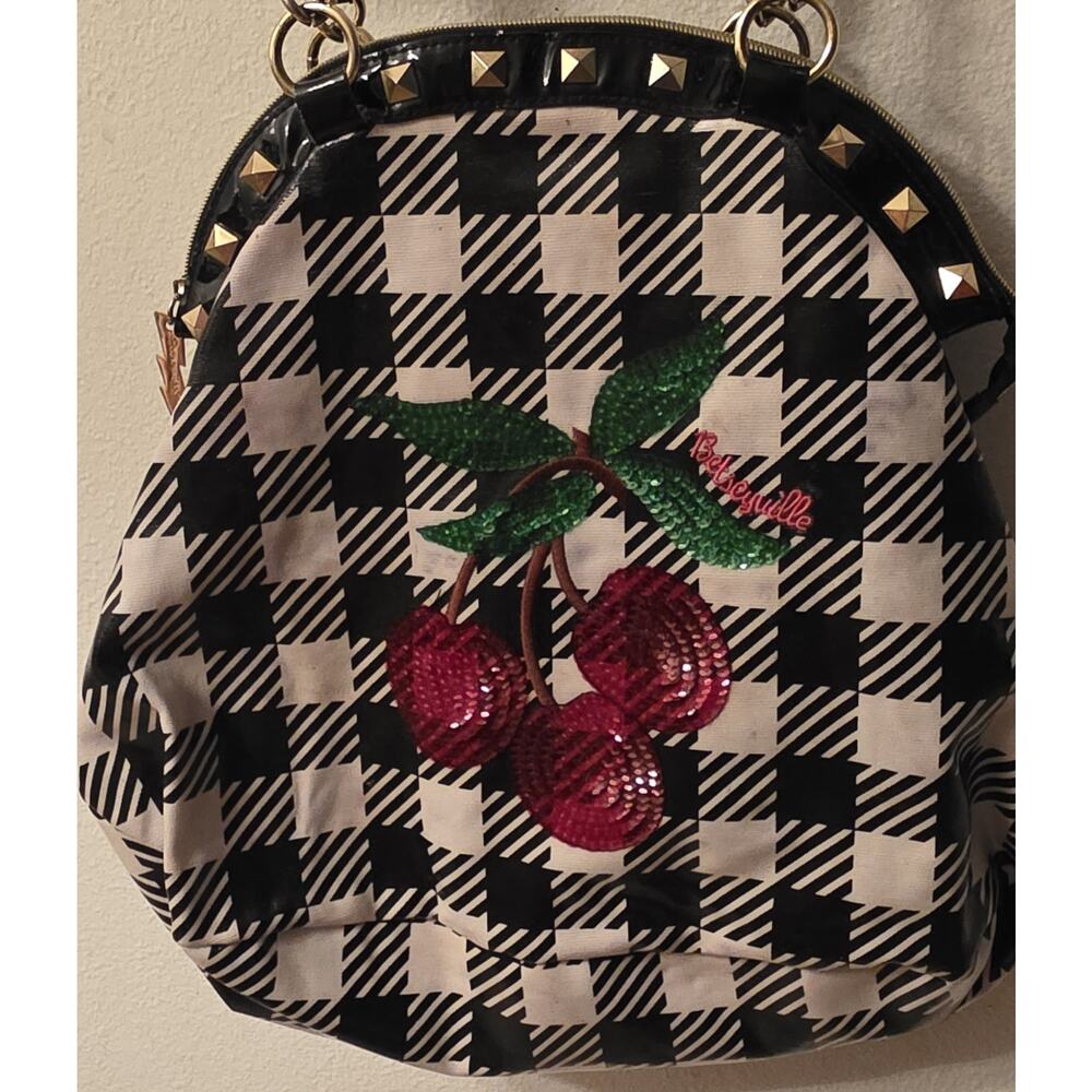 Betseyville by Betsey Johnson Black And White Plaid Cherry Handbag Rare